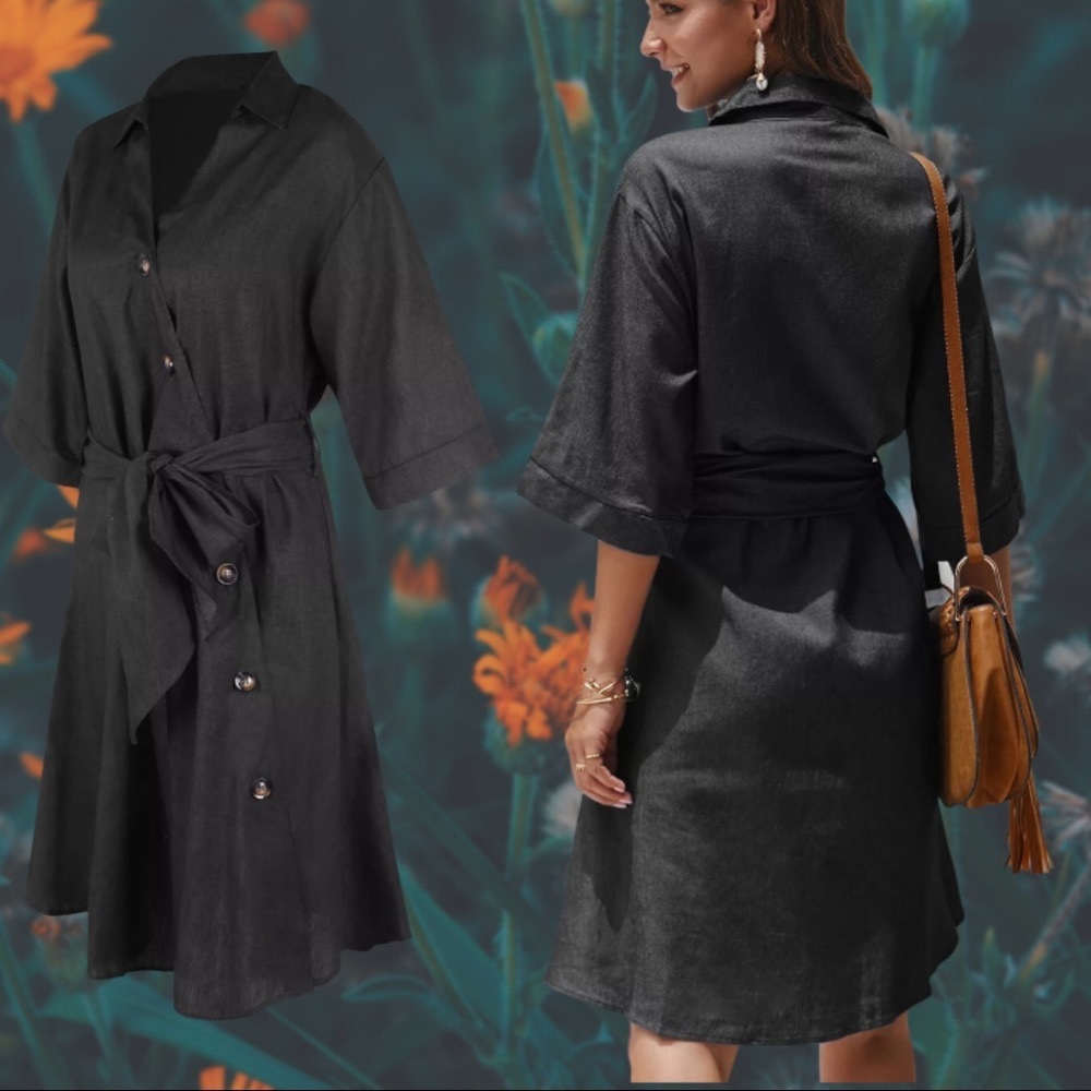 Black Denim Tie Waist Button Down V Neck Dress - Picture 3 of 10